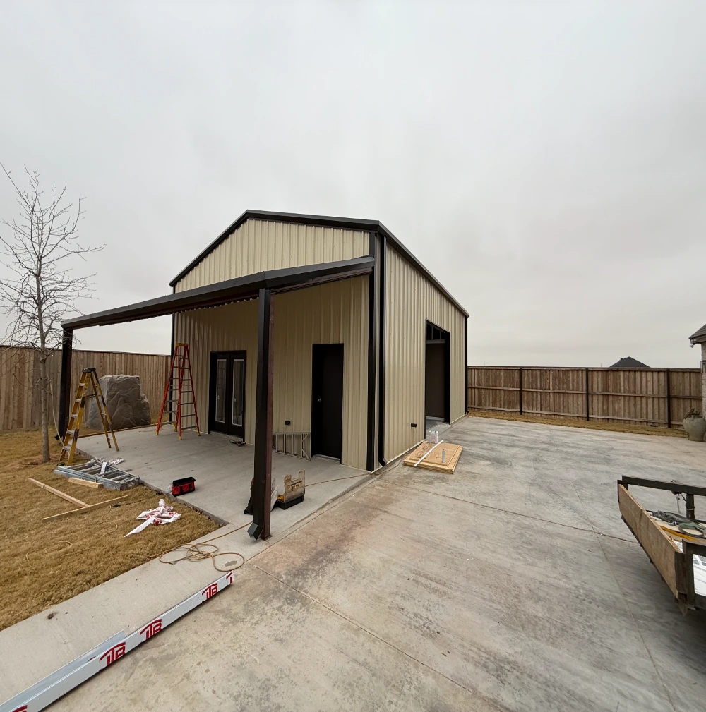 Residential metal building workshop constructed by Crystal Cabinets Inc. in Midland TX