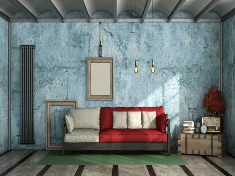 Modern living room interior with exposed beams, sofa, decorative lighting, and wood flooring in midland tx