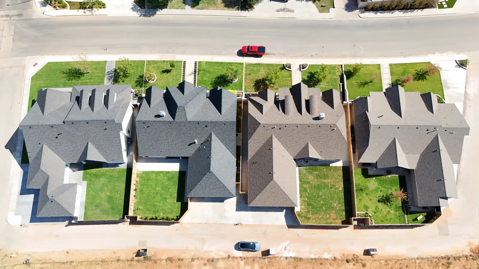 Overhead view of four new custom homes built by Crystal Cabinets Inc. in Mockingbird Heights, Midland, TX